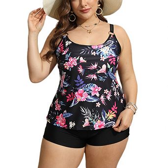 Plus Size Tankini Swimsuits Women Two Piece Floral Print Tankini Top with Shorts Bathing Suits