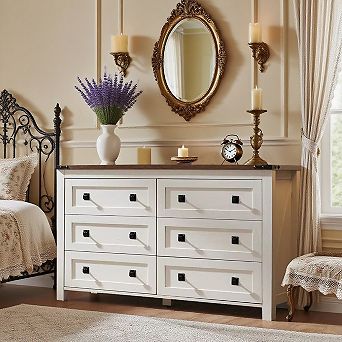 Farmhouse 6 Drawer Dresser, 54" Wide Rustic Wood Chest of Drawers for Bedroom Living Room Storage