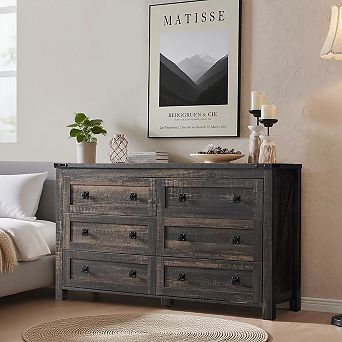 Farmhouse 6 Drawer Dresser, 54" Wide Rustic Wood Chest of Drawers for Bedroom Living Room Storage