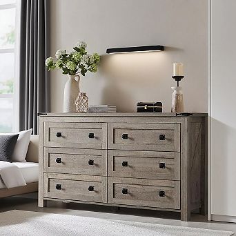 Farmhouse 6 Drawer Dresser, 54" Wide Rustic Wood Chest of Drawers for Bedroom Living Room Storage