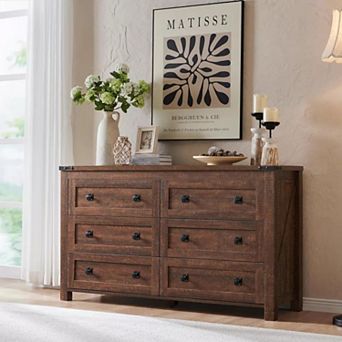 Farmhouse 6 Drawer Dresser, 54" Wide Rustic Wood Chest of Drawers for Bedroom Living Room Storage