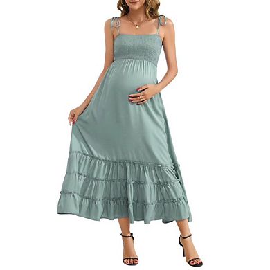 Women's Sleeveless Maternity Dress Summer Spaghetti Strap Smocked Tiered Flowy Maxi Dress