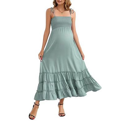 Women's Sleeveless Maternity Dress Summer Spaghetti Strap Smocked Tiered Flowy Maxi Dress