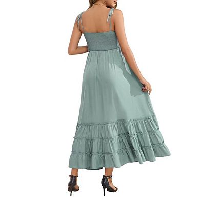 Women's Sleeveless Maternity Dress Summer Spaghetti Strap Smocked Tiered Flowy Maxi Dress