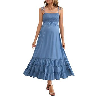 Women's Sleeveless Maternity Dress Summer Spaghetti Strap Smocked Tiered Flowy Maxi Dress