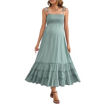 Women's Sleeveless Maternity Dress Summer Spaghetti Strap Smocked Tiered Flowy Maxi Dress