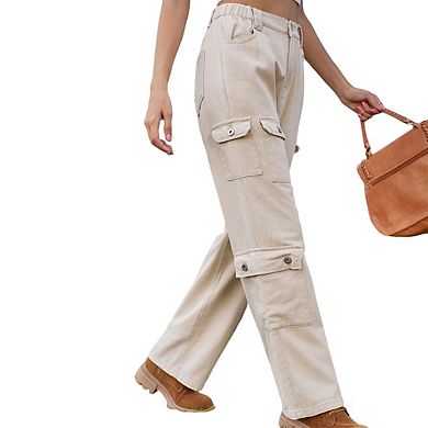 Womens Cargo Jeans Elastic Waist Pockets Relaxed Fit Denim Casual Long Pants