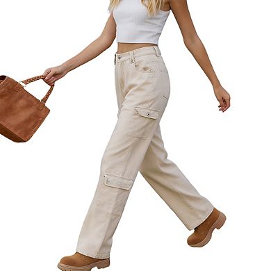 Womens Cargo Jeans Elastic Waist Pockets Relaxed Fit Denim Casual Long Pants