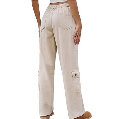 Womens Cargo Jeans Elastic Waist Pockets Relaxed Fit Denim Casual Long Pants