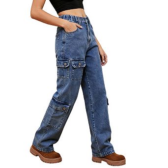 Womens Cargo Jeans Elastic Waist Pockets Relaxed Fit Denim Casual Long Pants