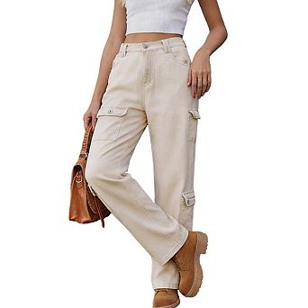 Womens Cargo Jeans Elastic Waist Pockets Relaxed Fit Denim Casual Long Pants