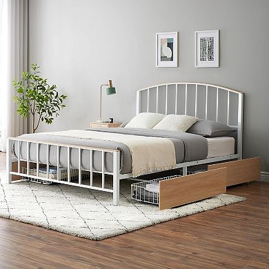 Bed Frame Metal Platform with Headboard and 4 Storage Drawers