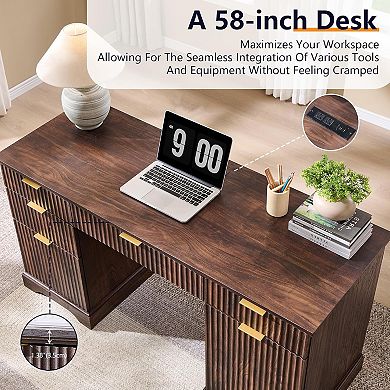 58" Desk,Modern Grooved Computer Writing Desk,w/ 5 Drawers and 1 Adjustable Storage Cabinet
