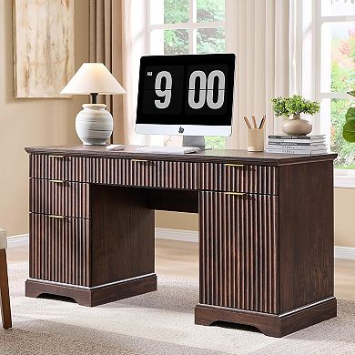 58" Desk,Modern Grooved Computer Writing Desk,w/ 5 Drawers and 1 Adjustable Storage Cabinet