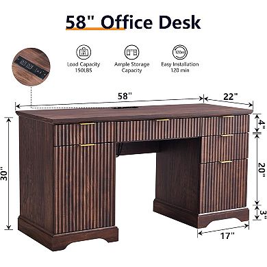 58" Desk,Modern Grooved Computer Writing Desk,w/ 5 Drawers and 1 Adjustable Storage Cabinet
