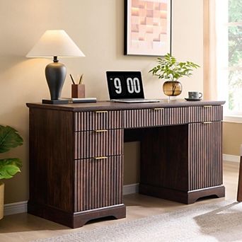 58" Modern Executive Desk, Wood Computer Writing Desk w/ 5 Drawers & Adjustable Storage Cabinet