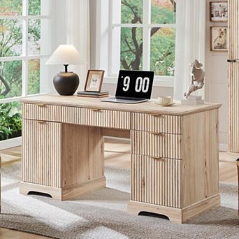 58" Modern Executive Desk, Wood Computer Writing Desk w/ 5 Drawers & Adjustable Storage Cabinet