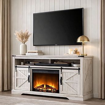 Electric Fireplace TV Stand for Up to 65+ Inch TV, Farmhouse Media Console with Sliding Barn Door