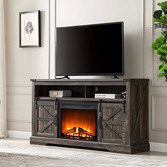 Electric Fireplace TV Stand for Up to 65+ Inch TV, Farmhouse Media Console with Sliding Barn Door