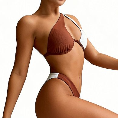 Women's Ribbed Bikini Set One-Shoulder Cutout Swimsuit Stylish Two-Piece Bathing Suit
