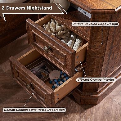 Farmhouse Nightstand with Charging Station, 18" Rustic End Table w/ Storage for Bedroom Living Room