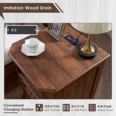 Farmhouse Nightstand with Charging Station, 18" Rustic End Table w/ Storage for Bedroom Living Room