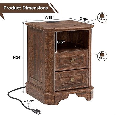 Farmhouse Nightstand with Charging Station, 18" Rustic End Table w/ Storage for Bedroom Living Room