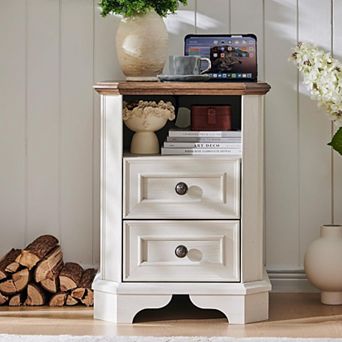 Farmhouse Nightstand with Charging Station, 18" Rustic End Table w/ Storage for Bedroom Living Room