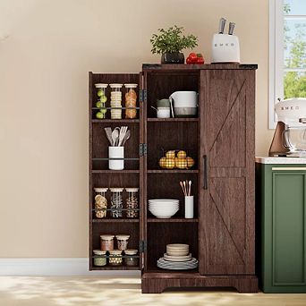Farmhouse Kitchen Pantry with Barn Doors and Adjustable Shelves, 47" Storage Cabinet, Wood Cupboard