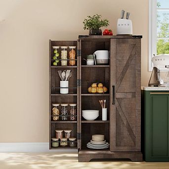 Farmhouse Kitchen Pantry with Barn Doors and Adjustable Shelves, 47" Storage Cabinet, Wood Cupboard