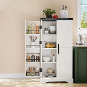 Farmhouse Kitchen Pantry with Barn Doors and Adjustable Shelves, 47" Storage Cabinet, Wood Cupboard