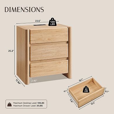 Modern 3-Drawer Nightstand with Charging Station, Rounded Edge Bedside Table for Bedroom Living Room