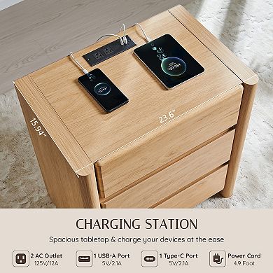 Modern 3-Drawer Nightstand with Charging Station, Rounded Edge Bedside Table for Bedroom Living Room