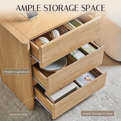 Modern 3-Drawer Nightstand with Charging Station, Rounded Edge Bedside Table for Bedroom Living Room