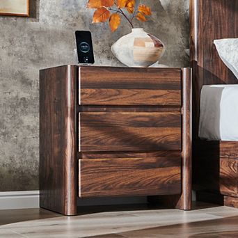 Modern 3-Drawer Nightstand with Charging Station, Rounded Edge Bedside Table for Bedroom Living Room