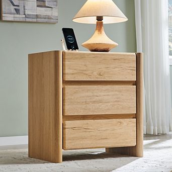 Modern 3-Drawer Nightstand with Charging Station, Rounded Edge Bedside Table for Bedroom Living Room