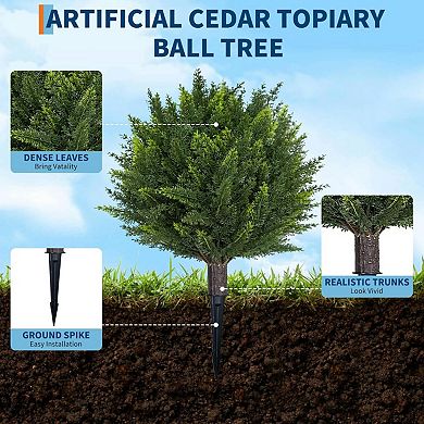 2 Pack Artificial Topiary Ball Trees, UV Resistant Fake Bushes with Ground Spike