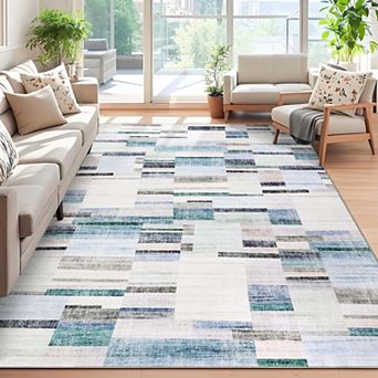 Modern Geometric Washable Area Rug-Non-Slip Stain Resistant Low Pile Indoor Carpet for Living Room