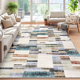 Modern Geometric Washable Area Rug-Non-Slip Stain Resistant Low Pile Indoor Carpet for Living Room