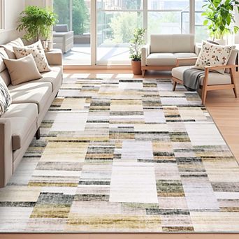 Modern Geometric Washable Area Rug-Non-Slip Stain Resistant Low Pile Indoor Carpet for Living Room