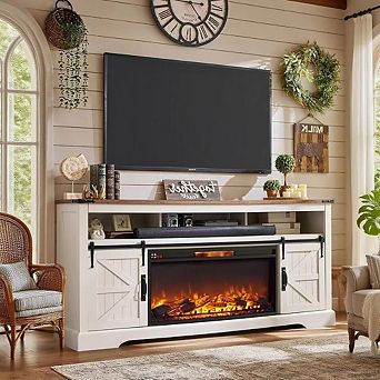 Electric Fireplace TV Stand for Up to 80" TV, Farmhouse Media Console with Sliding Barn Door