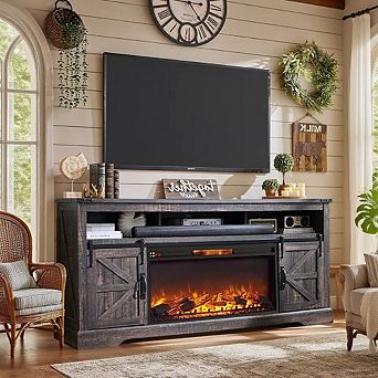 Electric Fireplace TV Stand for Up to 80" TV, Farmhouse Media Console with Sliding Barn Door