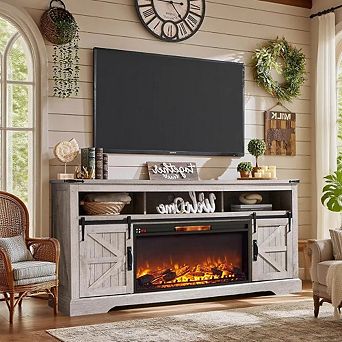 Electric Fireplace TV Stand for Up to 80" TV, Farmhouse Media Console with Sliding Barn Door