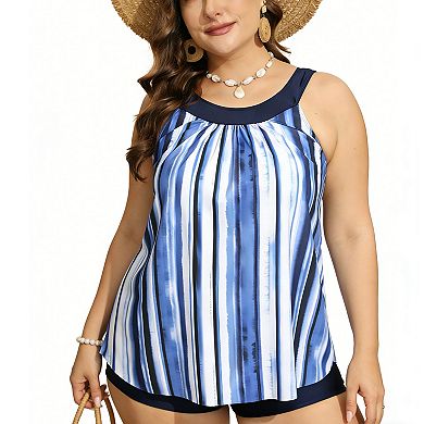Plus Size Women's Tankini Swimsuit Top and High-Waisted Bottom Bathing Suit Tummy Control Swimwear