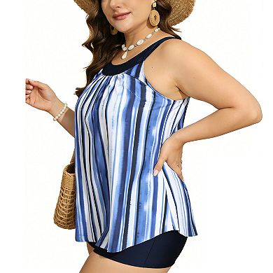 Plus Size Women's Tankini Swimsuit Top and High-Waisted Bottom Bathing Suit Tummy Control Swimwear