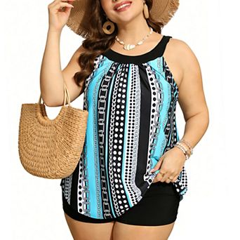 Plus Size Women's Tankini Swimsuit Top and High-Waisted Bottom Bathing Suit Tummy Control Swimwear
