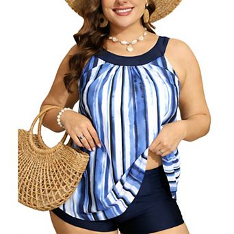 Plus Size Women's Tankini Swimsuit Top and High-Waisted Bottom Bathing Suit Tummy Control Swimwear