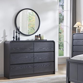 Modern 6-Drawer Storage Dresser with Curved Design, 47" Wide Wood Organizer for Bedroom Living Room