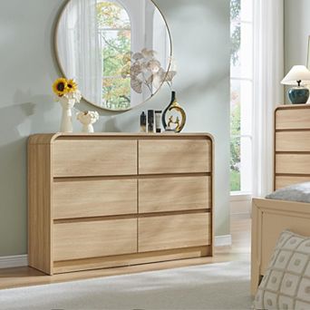 Modern 6-Drawer Storage Dresser with Curved Design, 47" Wide Wood Organizer for Bedroom Living Room