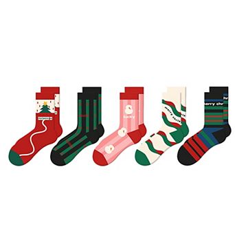 Set of 5 Christmas Crew Socks with Festive Snowman, Heart, and Tree Designs in Soft Knit Fabric